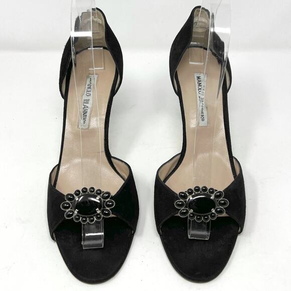 Vintage Manolo Blahnik Black Suede Peep‑Toe Pumps EU 38½ / US 8.5 - Picture 2 of 9